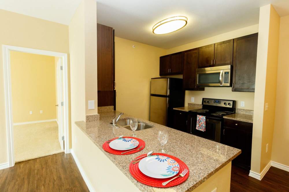 Kitchen with refrigerator, stove, granite countertops and wood cabinetry at North Court Villas in Frisco, Texas